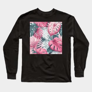 Pink Pastel Monstera Tropical Leaves Long Sleeve T-Shirt